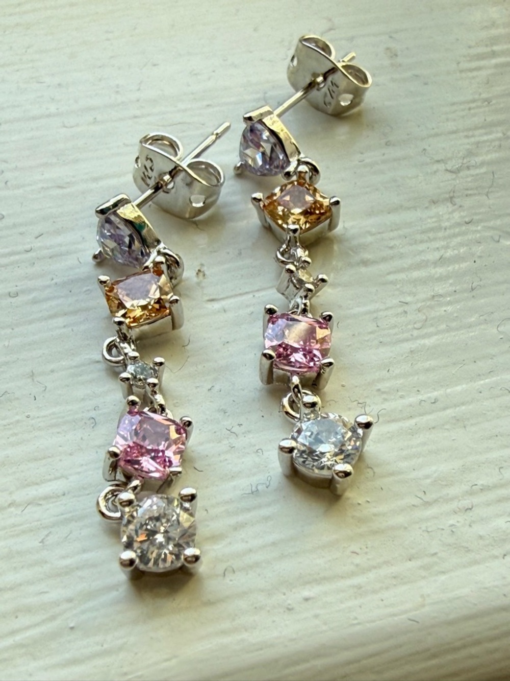 NEW! 14k White Gold Plated Multi-Stone Drop Earrings - Pink, Yellow & Clear - Picture 1 of 10